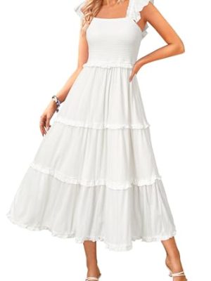 Women's 2025 Summer Wedding Guest Dress Ruffle Sleeve Smocked Square Neck Long Flowy Tiered Maxi Sundress
