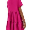 Women's Roll Up Short Sleeve V Neck Ruffle Hem Solid Swing Smock Dress