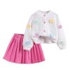 Toddler Girl's 2 Piece Outfits 3D Flower Button Down Cardigan and Pleated Aline Skirts Set