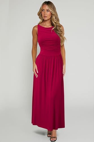31fjOr9g23L.jpg Women 2025 Summer Maxi Dresses Vacation Ruched Boat Neck Tank Flowy Elegant Party Long Formal Dress Pockets
