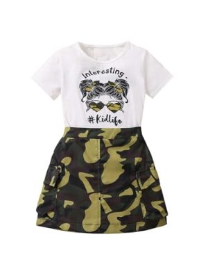 Girl's 2 Piece Outfits Letter Graphic Print Short Sleeve T-Shirt and Camo Print Cargo Skirt Set