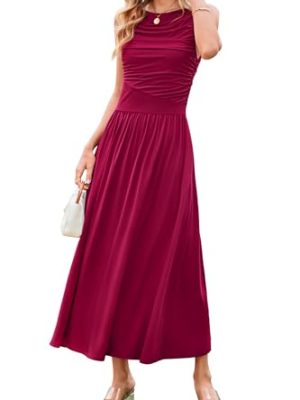 Women 2025 Summer Maxi Dresses Vacation Ruched Boat Neck Tank Flowy Elegant Party Long Formal Dress Pockets