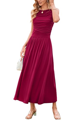 31g1hvEV3JL.jpg Women 2025 Summer Maxi Dresses Vacation Ruched Boat Neck Tank Flowy Elegant Party Long Formal Dress Pockets
