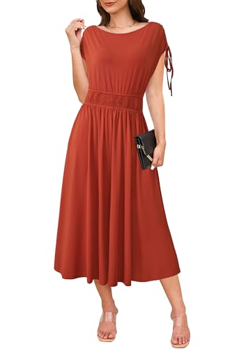Womens 2025 Summer Drawstring Cap Sleeve Boat Neck Smocked Casual Vacation Outfits Vestidos Midi Dress