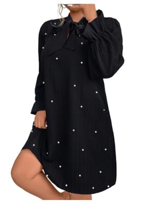 Women's Plus Size Pearl Beaded Tie Neck Long Sleeve Casual Work Short Dress