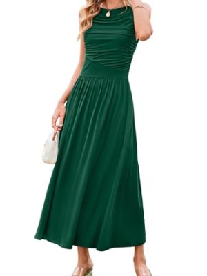 Women 2025 Summer Maxi Dresses Vacation Ruched Boat Neck Tank Flowy Elegant Party Long Formal Dress Pockets