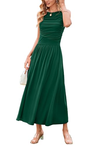 31iuDrArhSL.jpg Women 2025 Summer Maxi Dresses Vacation Ruched Boat Neck Tank Flowy Elegant Party Long Formal Dress Pockets