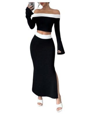 31jkbc8ejJL.jpg Women's 2 Piece Split Fishtail Skirt Set Monochrome Off Shoulder Top Outfit