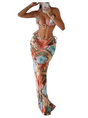 Women's 3 Piece Floral Halter Bikini Set Ring Linked Leopard Print Swimsuit with Coverup Skirt