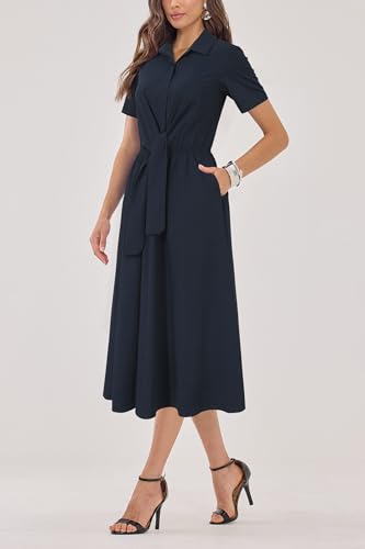 Womens Wear to Work Teacher Business Casual Outfits Long Dresses Tie Waist Shirt Dress Attire with Pockets