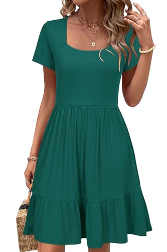 31l5jJjlj7L.jpg Women 2025 Summer Dress Square Neck Formal Short Sleeve Business Casual Outfits Ruffle Spring Pockets Sundress