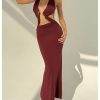 Women's Cut Out Tie Backless Halter Maxi Dress Sexy Sleeveless Ring Linked Fishtail Bodycon Dresses