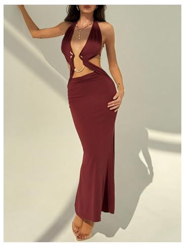Women's Cut Out Tie Backless Halter Maxi Dress Sexy Sleeveless Ring Linked Fishtail Bodycon Dresses