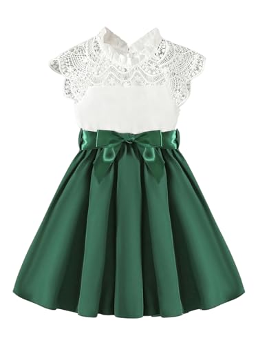 Toddler Girl's Lace Mock Neck Cap Sleeve Dress Belted A Line Flared Dresses