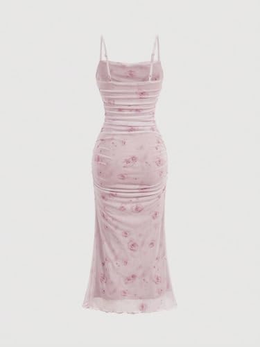 31oaohxXCNL.jpg Women's Floral Print Ruched Sleeveless Cami Dress Fishtail Bodycon Midi Dress