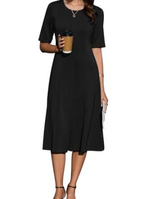 Womens 2025 Summer Teacher Work Modest Dresses Ultra Soft Short Sleeve Midi Old Money Clothes Business Casual Dress