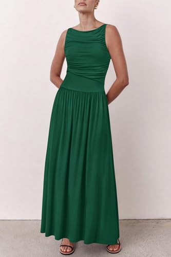 31p83Anfr3L.jpg Women 2025 Summer Maxi Dresses Vacation Ruched Boat Neck Tank Flowy Elegant Party Long Formal Dress Pockets