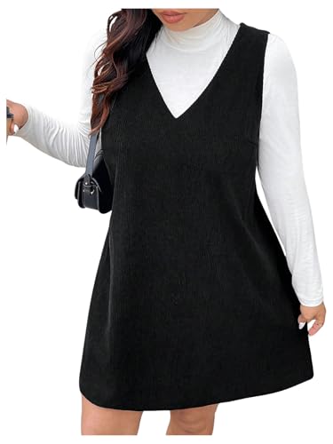 31p9W27am1L.jpg Women's Plus Size Corduroy V Neck Tank Overall Dress Sleeveless Loose Casual Short Dress