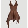 31wAwOauG-L.jpg Women's Punk Halter Mini Dress Western Asymmetrical Ruffle Sleeveless Drawstring Ruched A Line Dresses