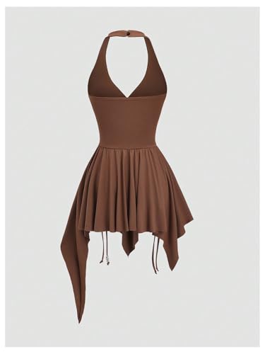 31wAwOauG-L.jpg Women's Punk Halter Mini Dress Western Asymmetrical Ruffle Sleeveless Drawstring Ruched A Line Dresses