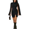 Women's Mock Neck Pleated Cloak Long Sleeve Split Hem Cocktail Bodycon Cape Dress