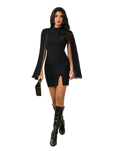 Women's Mock Neck Pleated Cloak Long Sleeve Split Hem Cocktail Bodycon Cape Dress