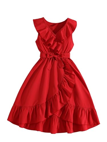 31yD67m4eL.jpg Girl's Ruffle Trim Wrap V Neck Sleeveless Dress Party Belted A Line Dresses