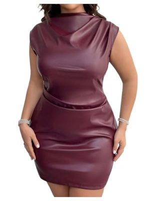 Women's Plus Size PU Leather Sleeveless Mini Dress Ruched Mock Neck Bodycon Dresses