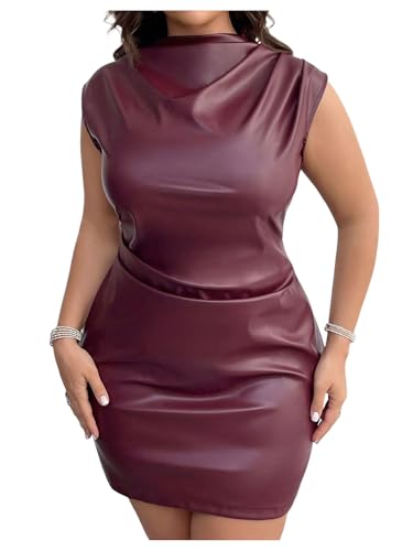 31ygabP1LgL.jpg Women's Plus Size PU Leather Sleeveless Mini Dress Ruched Mock Neck Bodycon Dresses
