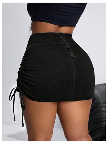 Women's Plus Size Drawstring Side Denim Mini Skirt High Waisted Ruched Bodycon Skirt