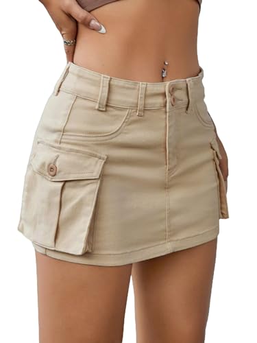 Women's Low Waist Button Bodycon Mini Cargo Denim Skirt with Pocket