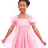 41-69N6kWWL.jpg Girl's Mesh Short Puff Sleeve Square Neck High Waist Flared Hem Zipper A Line Dress