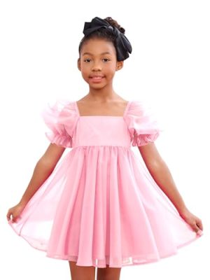 Girl's Mesh Short Puff Sleeve Square Neck High Waist Flared Hem Zipper A Line Dress