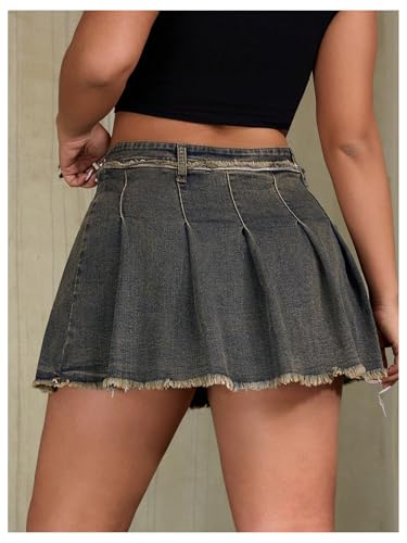 Women's Plus Size Pleated Mini Denim Skirt Y2k Frayed Hem A Line Skirt