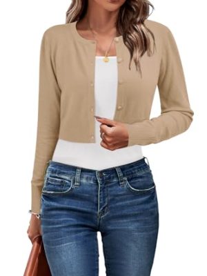 Cropped Cardigan Sweaters for Women 2025 Crew Neck Button Down Open Front Knit Bolero Shrugs