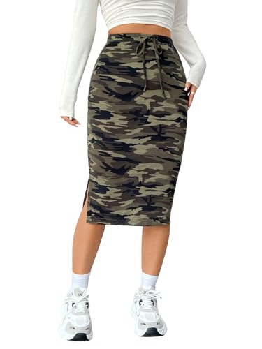 41-d0i59XL.jpg Women's Camo Print High Waist Skinny Midi Skirts Split Side Drawstring Waist Hip Skirt