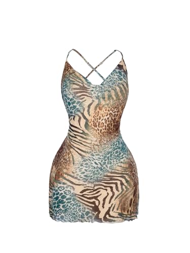 41-dZyNZVRL.jpg Women's Plus Size Leopard Print Draped Cowl Neck Cami Dress Criss Cross Backless Mini Dresses