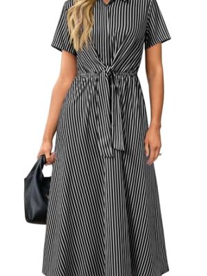 Womens Wear to Work Teacher Business Casual Outfits Long Dresses Tie Waist Shirt Dress Attire with Pockets