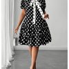 410-nH9lLIL.jpg Women's Plus Size Polka Dots Bow Tie Short Dress Puff Sleeve Ruffle A Line Dresses