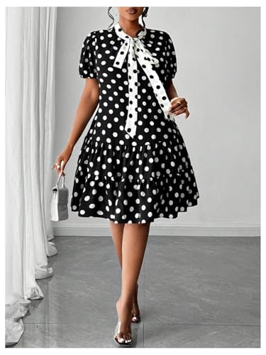 410-nH9lLIL.jpg Women's Plus Size Polka Dots Bow Tie Short Dress Puff Sleeve Ruffle A Line Dresses