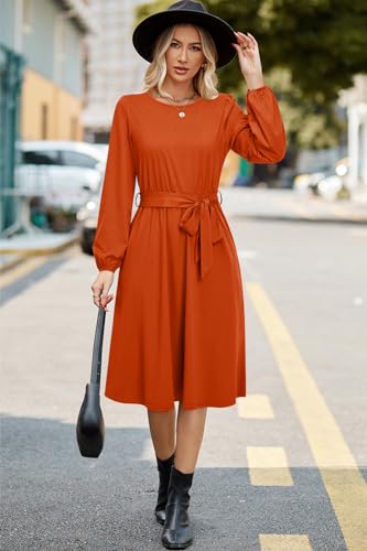 4100KVzbsCL.jpg Womens Long Sleeve Casual Dresses 2025 Business Work Teacher Fall Church Belted A Line Flowy Midi Dress