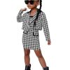Girl's 2 Piece Outfits Houndstooth Print Double Button Long Sleeve Jacket and Cami Dress Set