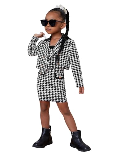 Girl's 2 Piece Outfits Houndstooth Print Double Button Long Sleeve Jacket and Cami Dress Set
