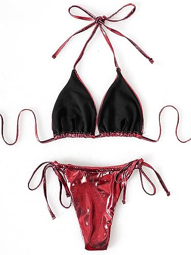 Women's 3 Piece Metallic Swimsuits Halter Triangle String Bikini Set with Beach Skirt