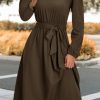 Womens Long Sleeve Casual Dresses 2025 Business Work Teacher Fall Church Belted A Line Flowy Midi Dress