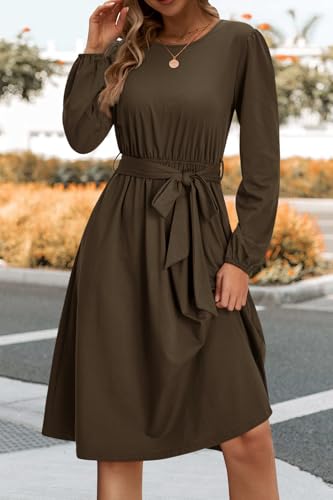 Womens Long Sleeve Casual Dresses 2025 Business Work Teacher Fall Church Belted A Line Flowy Midi Dress