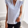 Women's Striped Ruffle Cap Sleeve Notched V Neck Blouse Top Shirt