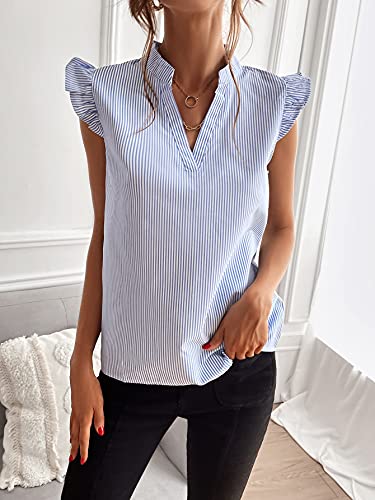 Women's Striped Ruffle Cap Sleeve Notched V Neck Blouse Top Shirt