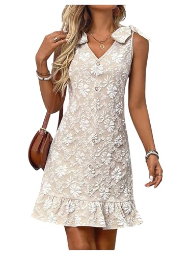 Women's Floral Textured Bow Tie Shoulder Short Dress Ruffle Sleeveless V Neck Tank Dresses