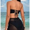Women's Ring Linked Bandeau Bikini Set Tie Backless Bathing Suit 3 Piece Swimsuit with Cover Up Skirt